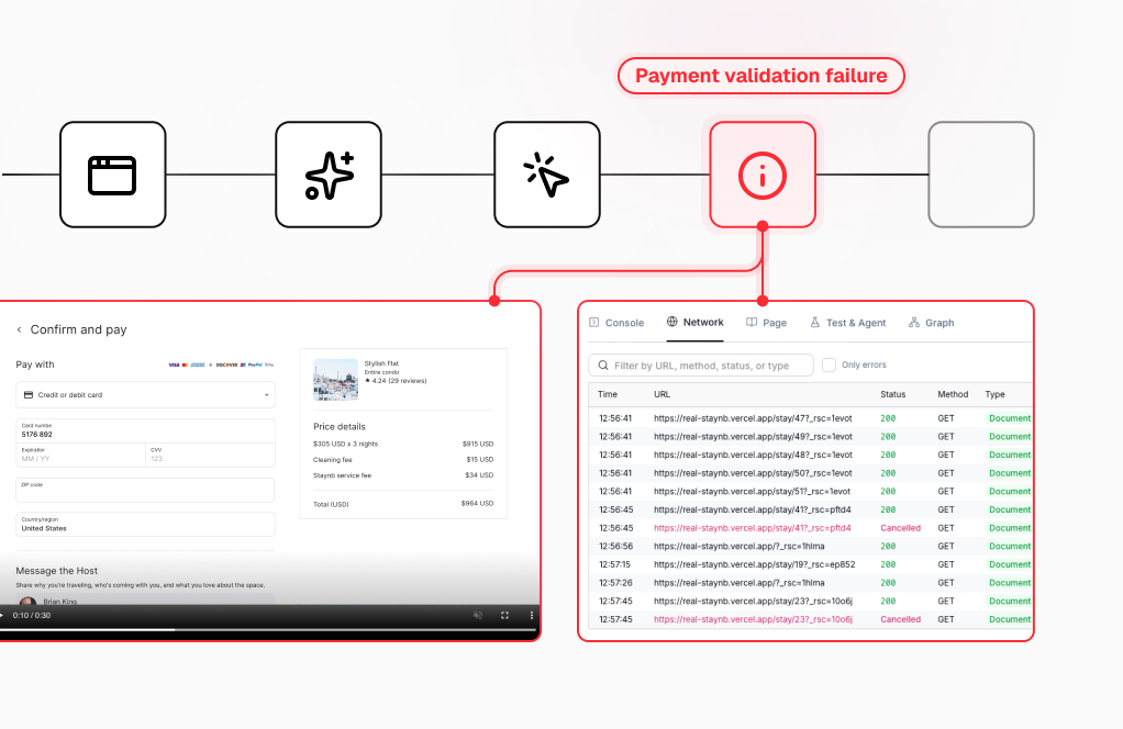 Test step trace with network logs surfacing a payment validation failure
