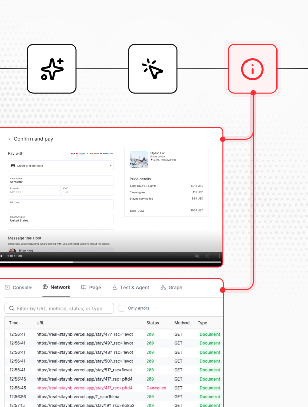 Network log and trace surfacing a payment validation failure